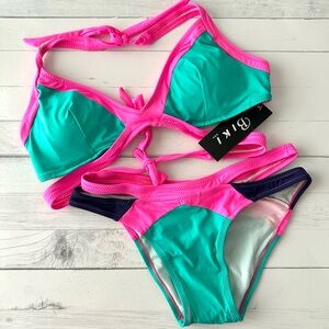 Biki Halter Teal Pink Bikini M Cut Out Hip Details Fun Bright Summer Perfect